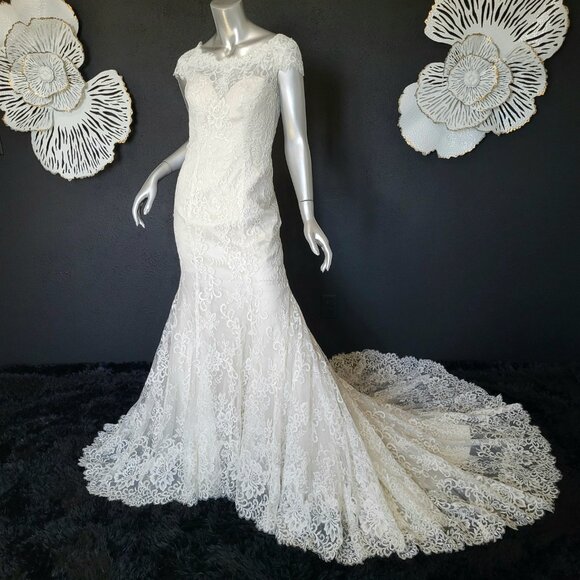 NWT~$1999~ELLA ROSA~SZ 6/8~IVORY OYSTER LACE FIT & FLARE WEDDING DRESS GOWN - Picture 1 of 16